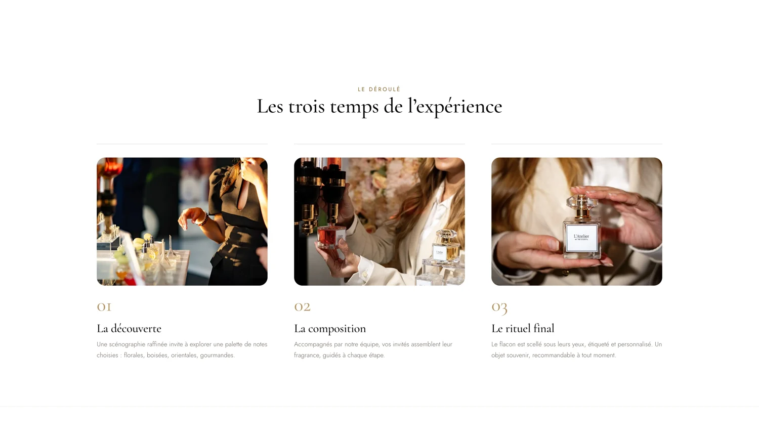 Page Le Concept : les trois temps de l'expérience, de la découverte des notes au flacon scellé