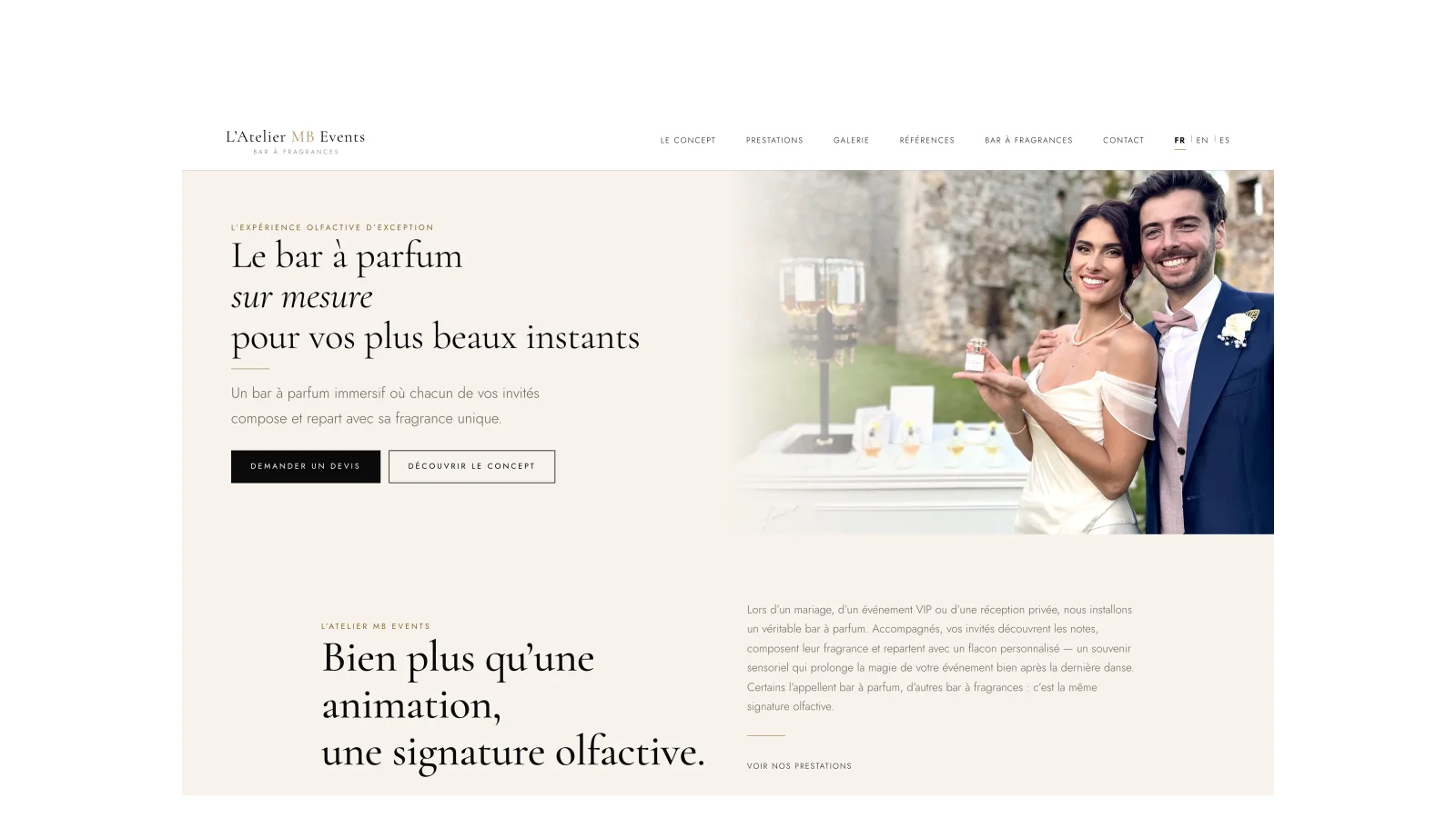 Aperçu — L'Atelier MB Events — Site vitrine trilingue pour une marque de bar à parfum événementiel