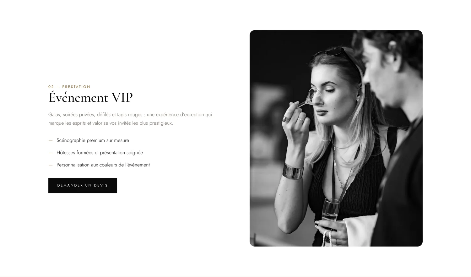 Page Prestations : la formule Événement VIP, galas et soirées privées