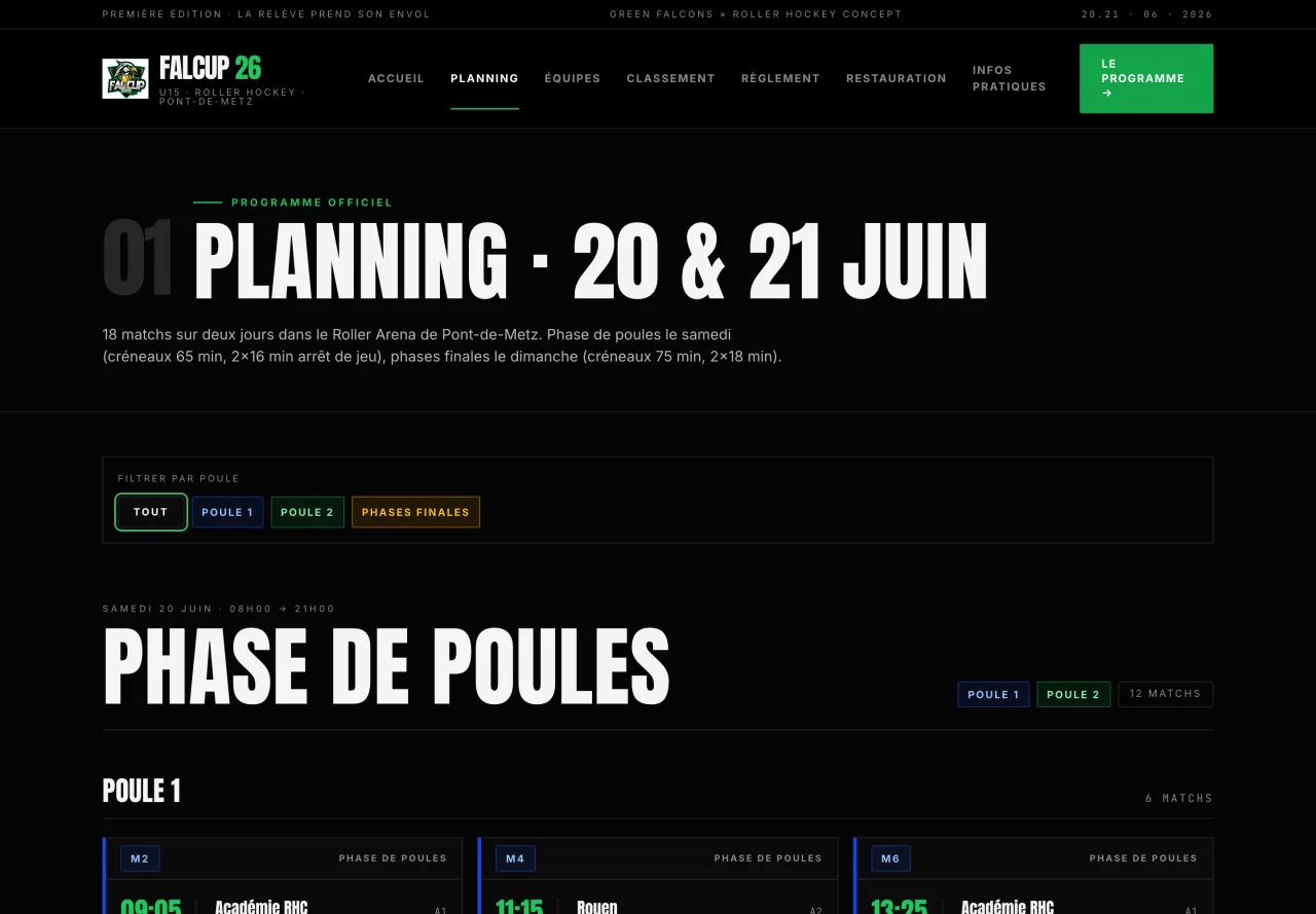 Planning des 18 matchs avec filtre par poule