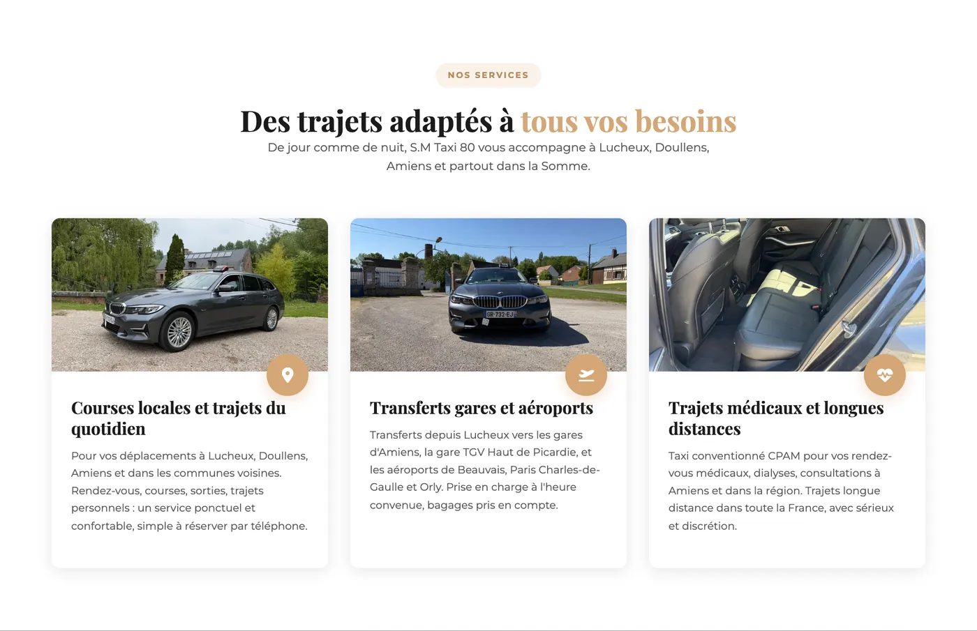 Les trois services du taxi, illustrés par les photos du client : courses locales, gares et aéroports, trajets médicaux